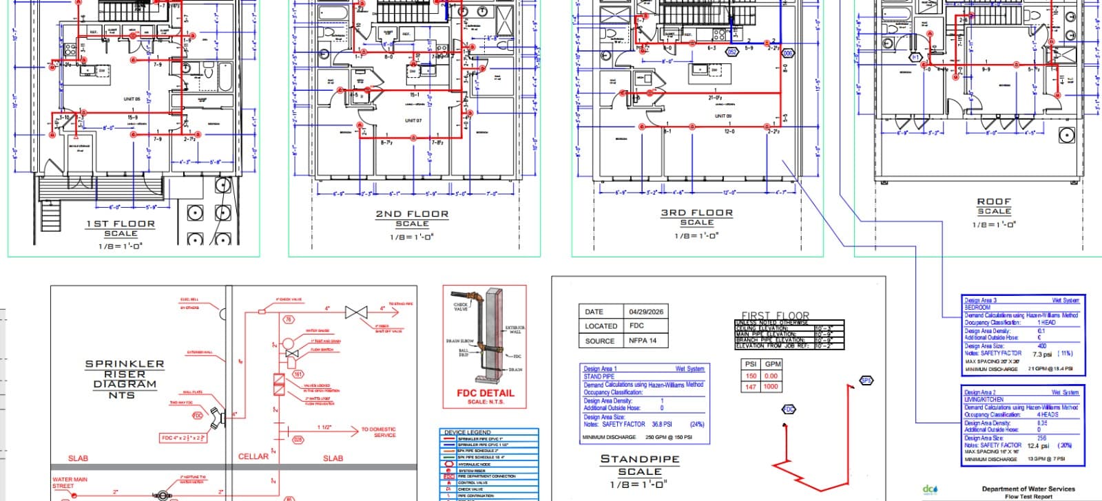 Real NFPA 13R fire sprinkler design with standpipe — 1st to 3rd floor and roof plans, riser diagram and FDC detail
